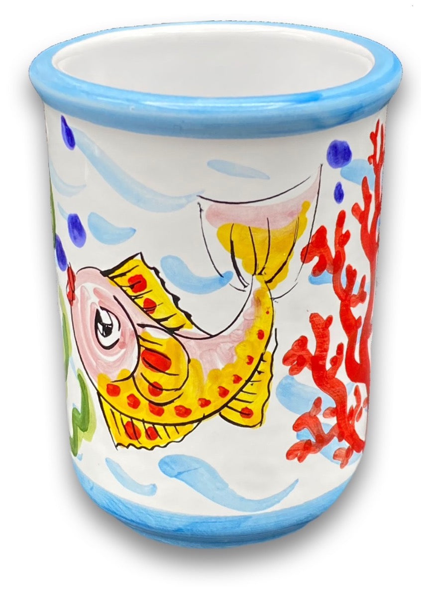Bicchiere porta spazzolini da denti in ceramica vietrese DECORO FONDO MARE