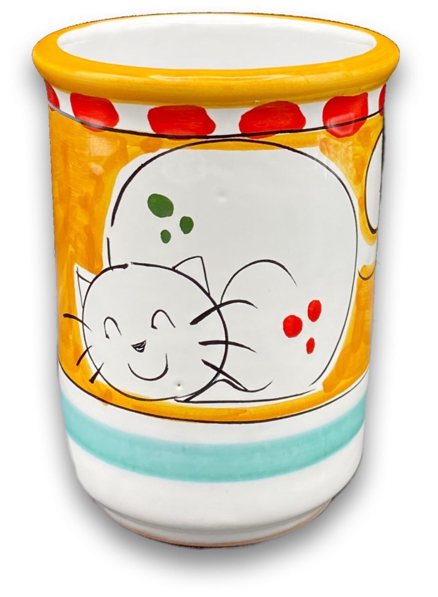 Bicchiere porta spazzolini in ceramica di Vietri Decoro gatto