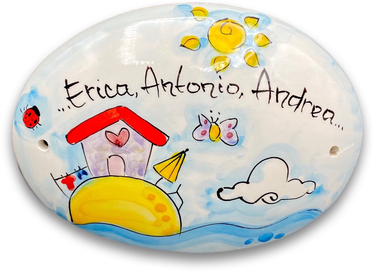 Targa fuori porta CASETTE & OMBRELLONI in ceramica vietrese