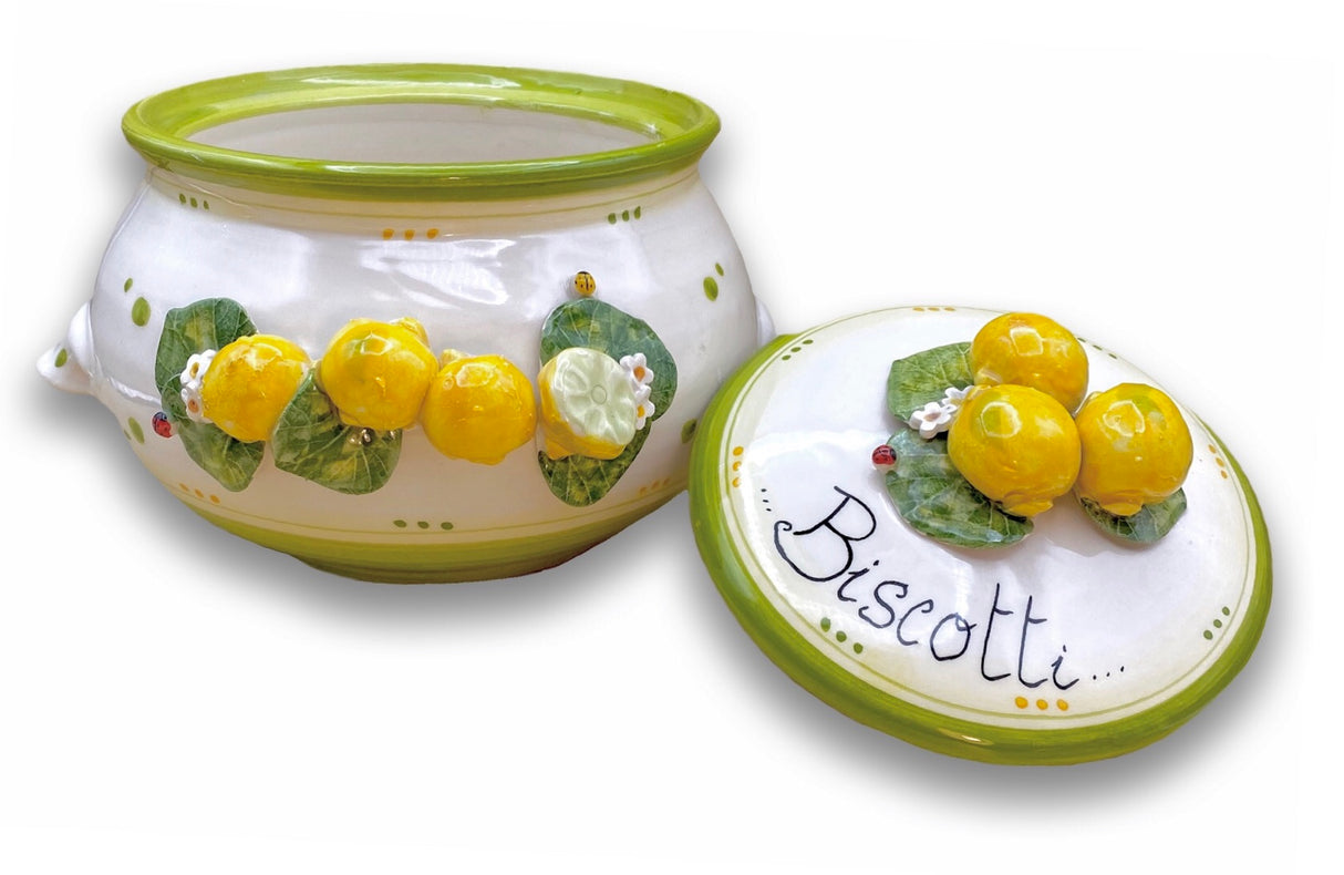 Biscottiera svasata in ceramica di Vietri Linea limoni