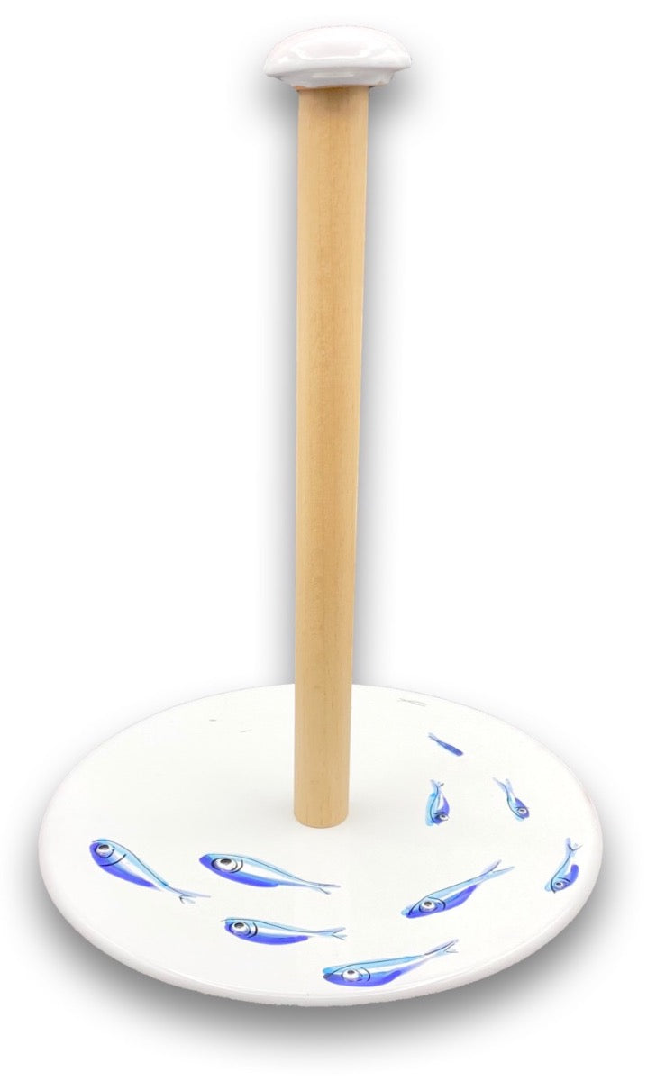 Porta Scottex in ceramica vietrese con asta in legno MARE MAGNUM