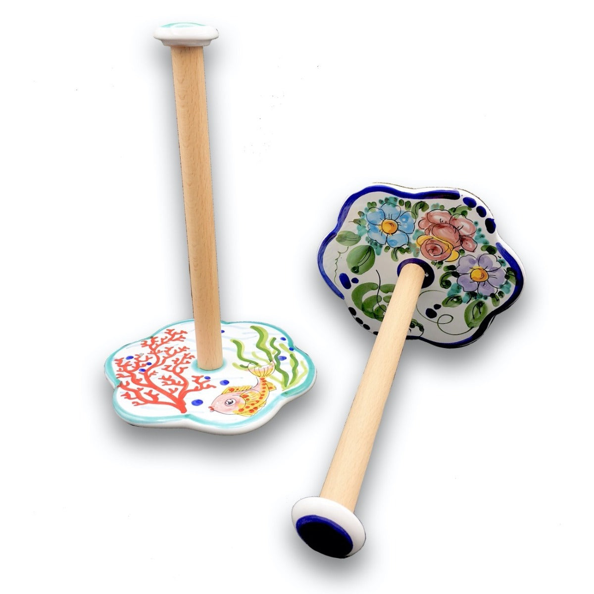 Porta Scottex in Ceramica Vietrese con asta in legno