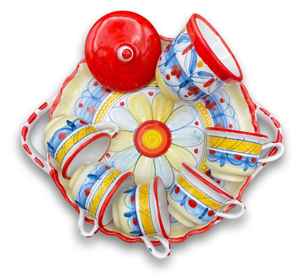 Servizio caffè per 6 con zuccheriera in ceramica di Vietri