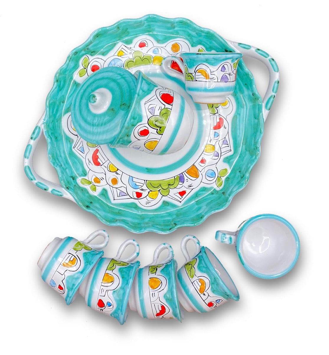 Servizio caffè per 6 con zuccheriera in ceramica di Vietri