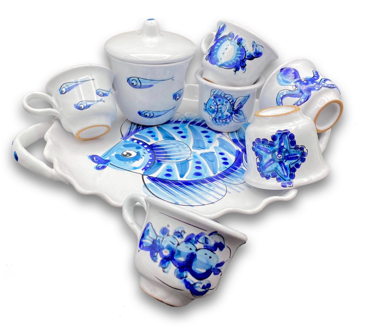 Servizio caffè per 6 con zuccheriera in ceramica di Vietri Linea Mare Magnum