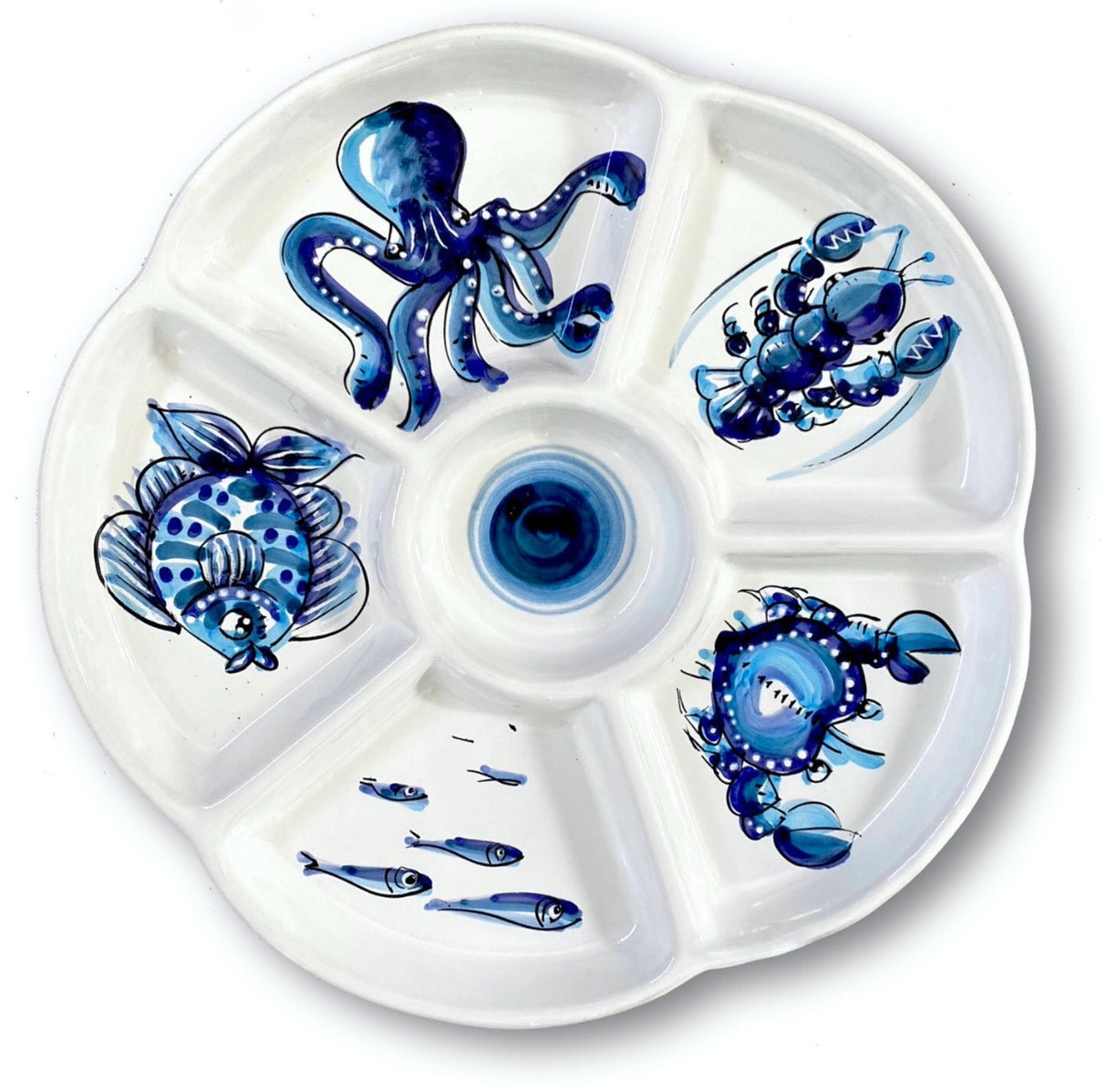 Antipastiera tonda monoblocco in ceramica vietrese MARE MAGNUM