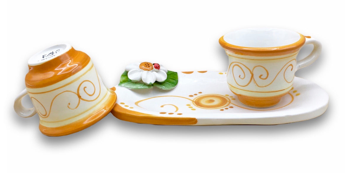 Servizio Caffè x 2 in Ceramica Vietrese APPLICAZIONE MARGHERITE