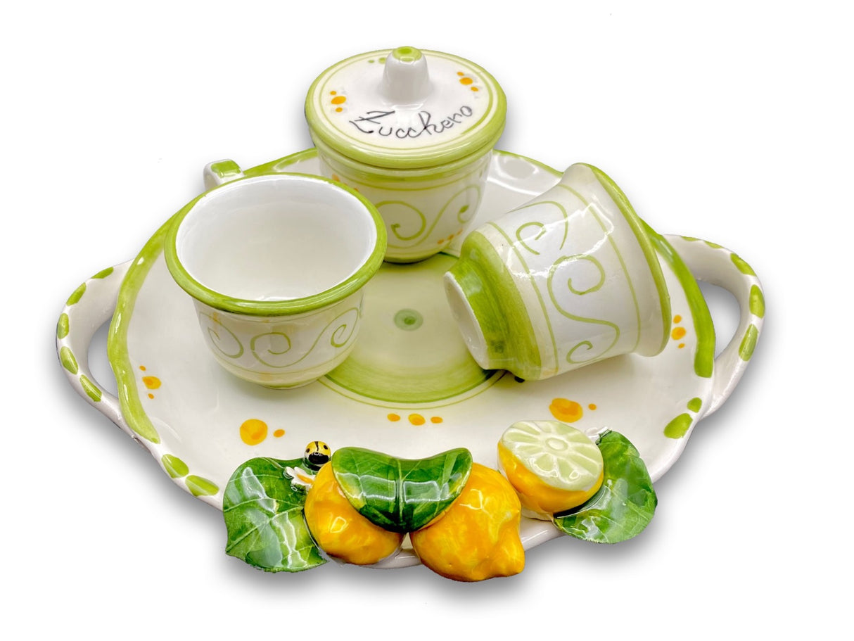 Servizio Caffè x 2 + Zuccheriera in Ceramica Vietrese APPLICAZIONE LIMONI