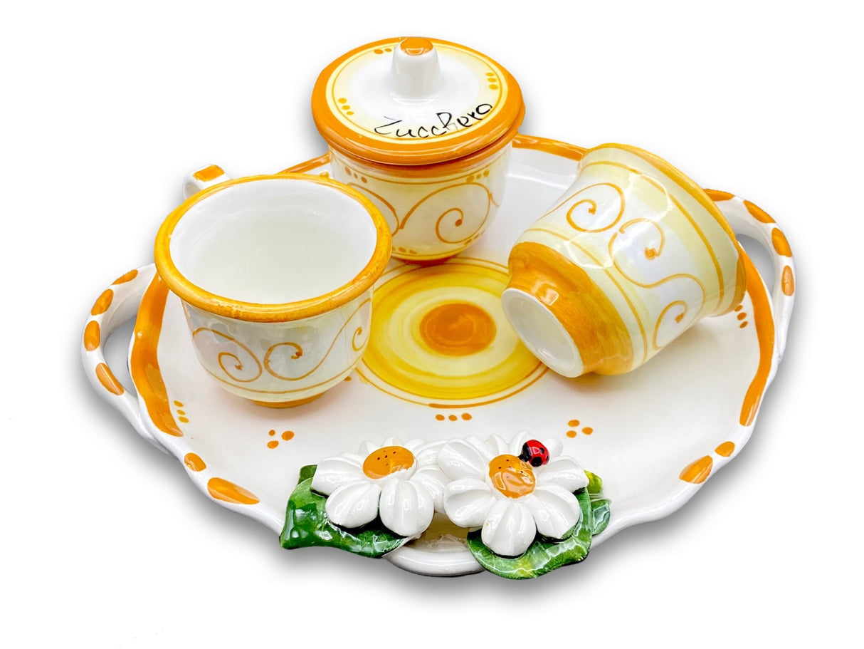 Servizio Caffè x 2 + Zuccheriera in Ceramica Vietrese APPLICAZIONE MARGHERITE