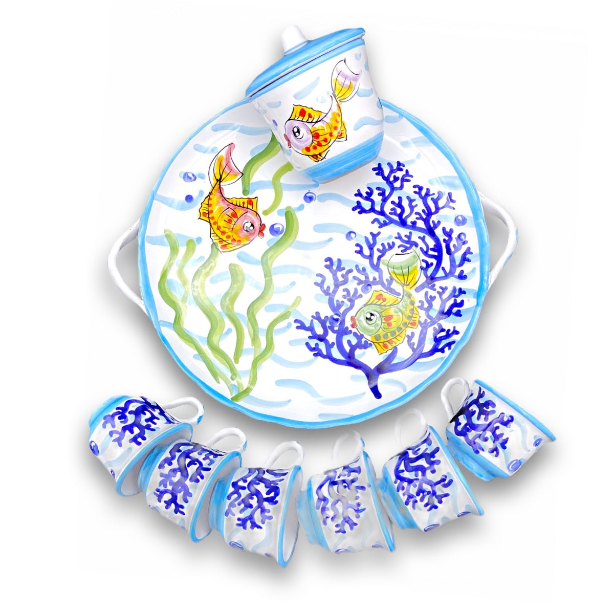 Servizio caffè per 6 con zuccheriera in ceramica di Vietri