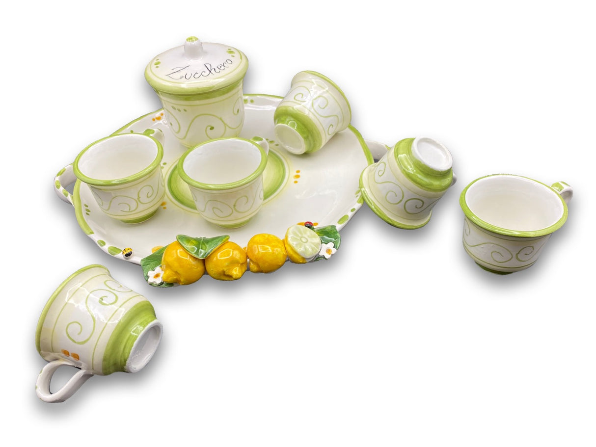 Servizio caffè per 6 con zuccheriera in ceramica di Vietri Linea Limoni