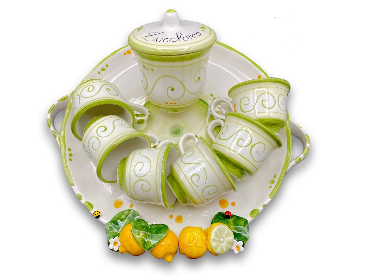 Servizio Caffè x 6 + Zuccheriera in Ceramica Vietrese APPLICAZIONE LIMONI