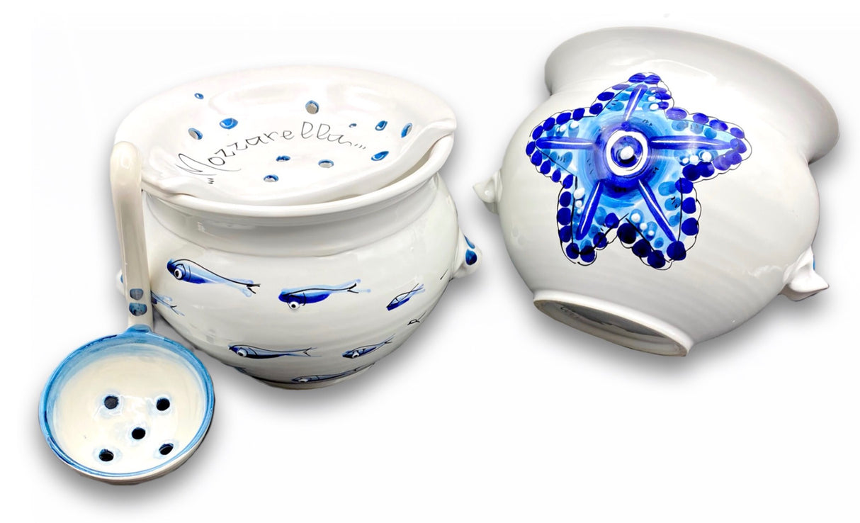 Porta Mozzarella svasato con mestolo in ceramica di Vietri linea MARE MAGNUM