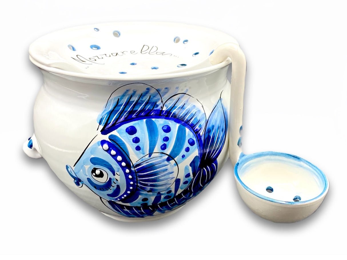 Porta Mozzarella svasato con mestolo in ceramica di Vietri linea MARE MAGNUM