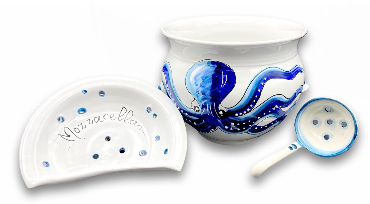 Porta Mozzarella svasato con mestolo in ceramica di Vietri linea MARE MAGNUM