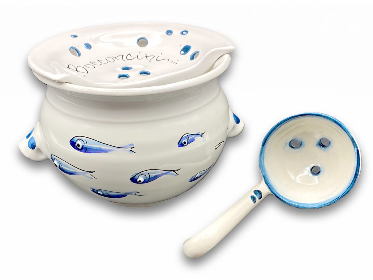 Porta Mozzarella svasato con mestolo in ceramica di Vietri linea MARE MAGNUM