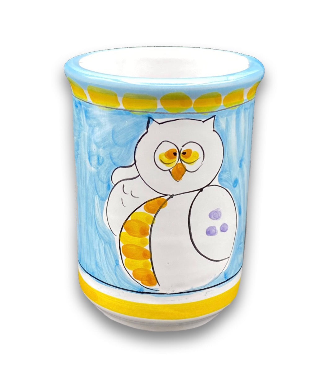 Bicchiere porta spazzolini da denti in ceramica vietrese DECORO GUFO NEW