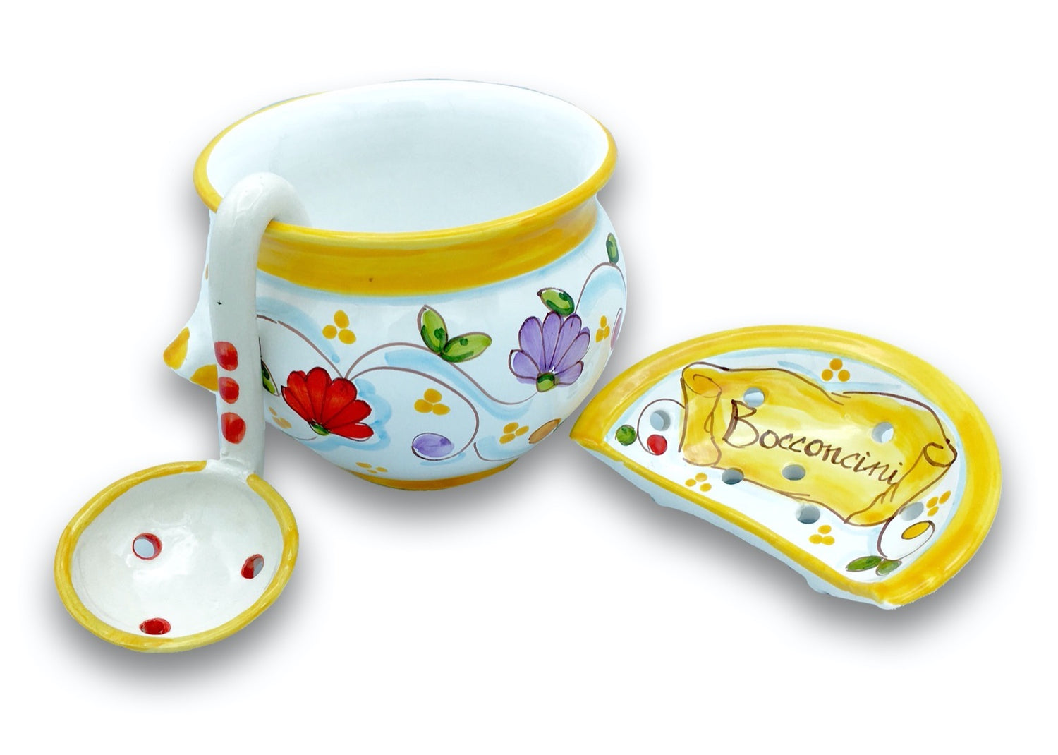 Porta mozzarella svasato in ceramica di Vietri con mestolo