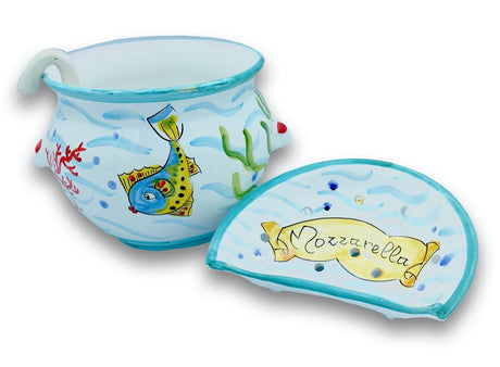 Porta mozzarella svasato in ceramica di Vietri con mestolo