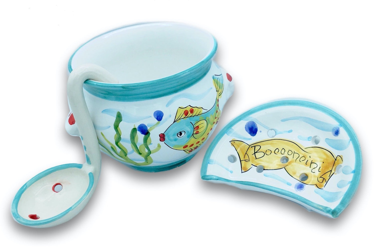 Porta mozzarella svasato in ceramica di Vietri con mestolo