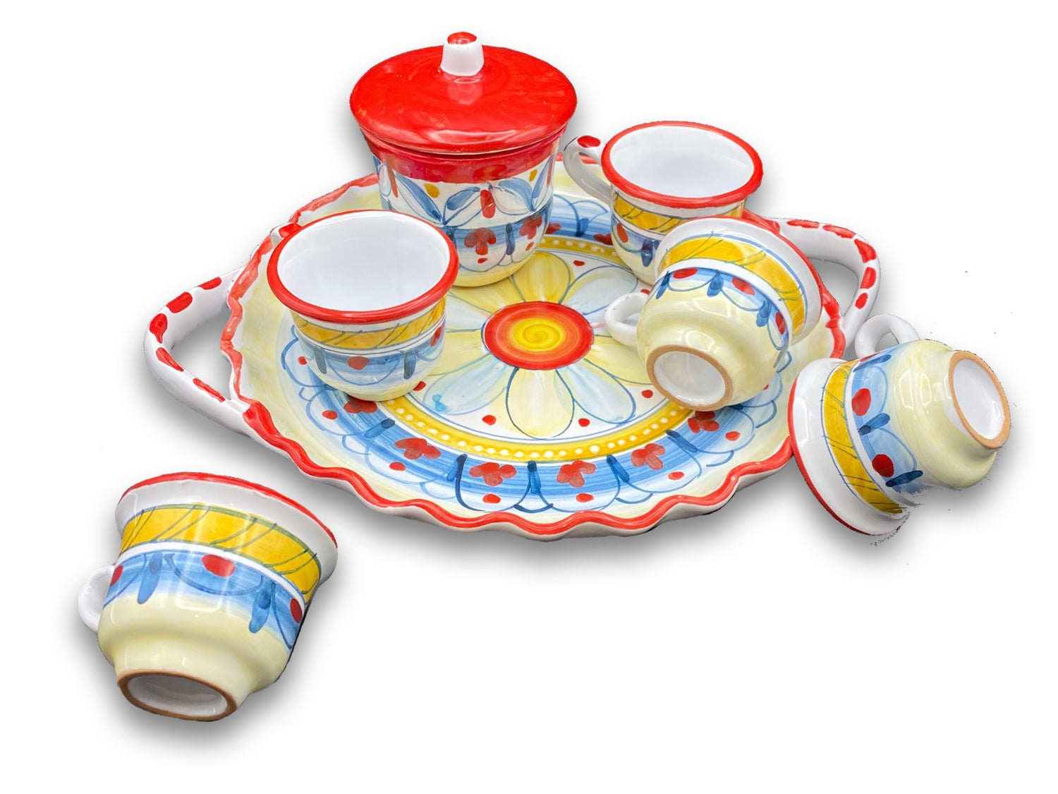 Servizio caffè per 6 con zuccheriera in ceramica di Vietri 