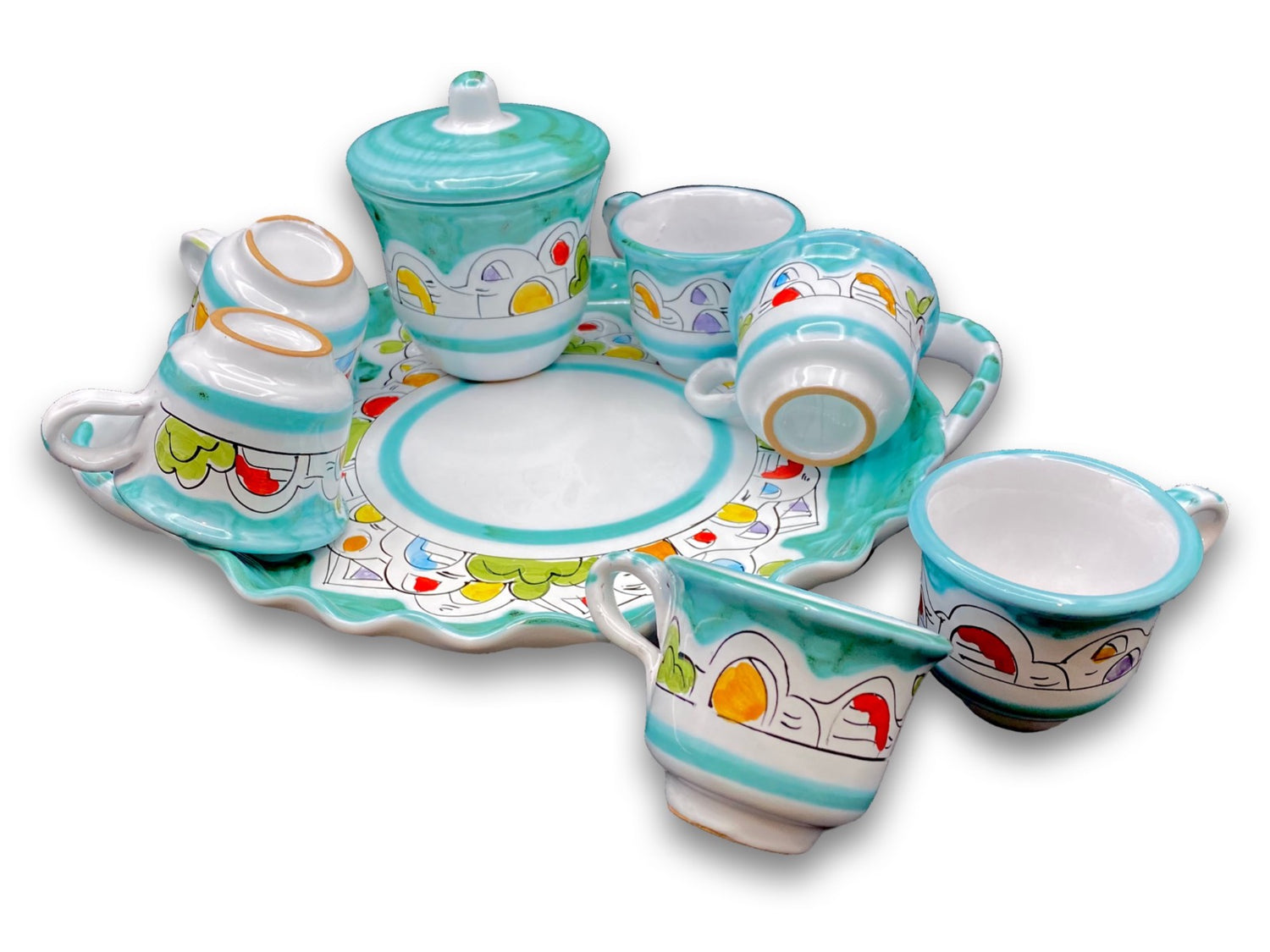 Servizio caffè per 6 con zuccheriera in ceramica di Vietri 