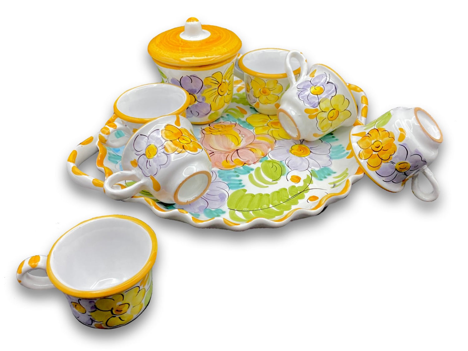 Servizio caffè per 6 con zuccheriera in ceramica di Vietri 