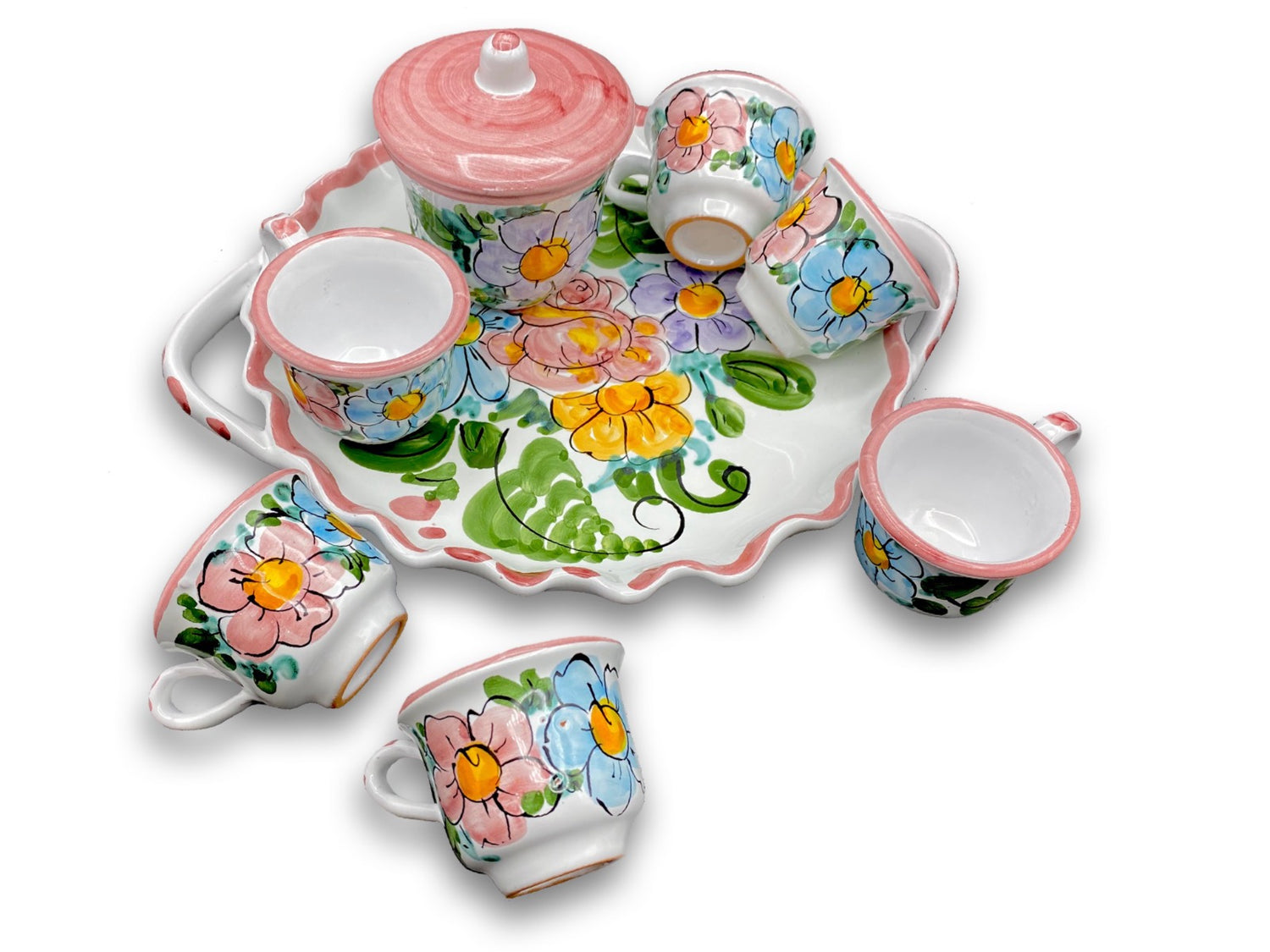 Servizio caffè per 6 con zuccheriera in ceramica di Vietri 