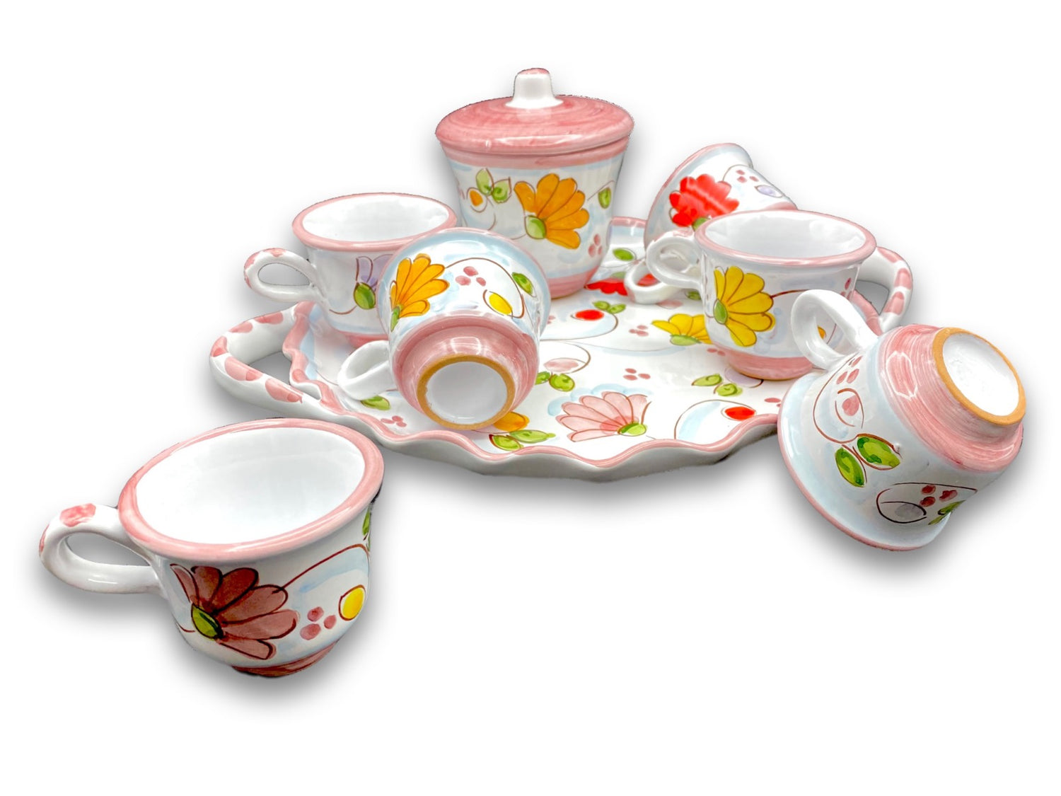 Servizio caffè per 6 con zuccheriera in ceramica di Vietri 