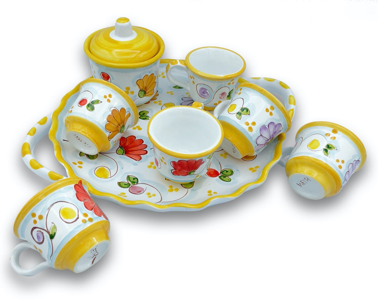 Servizio caffè per 6 con zuccheriera in ceramica di Vietri 