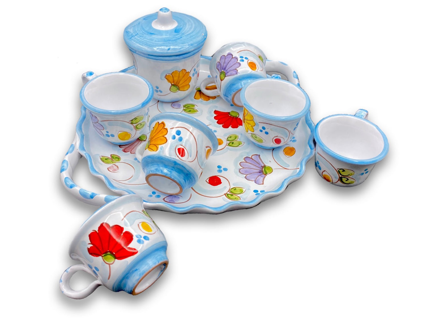 Servizio caffè per 6 con zuccheriera in ceramica di Vietri 