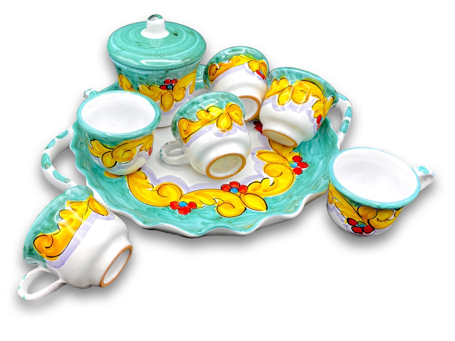 Servizio caffè per 6 con zuccheriera in ceramica di Vietri 