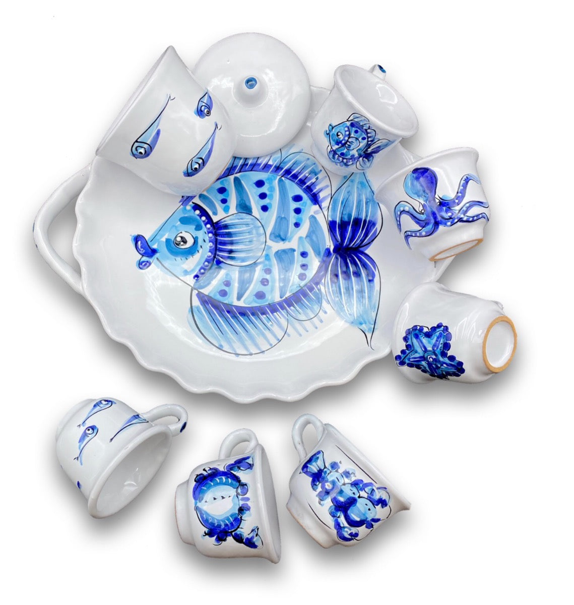 Servizio caffè X 6 + Zuccheriera in Ceramica Vietrese MARE MAGNUM